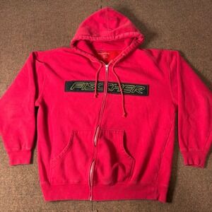 Vintage Fischer Ski Zip Up Hoodie Mens Large Red Made in USA Fleece Sweatshirt